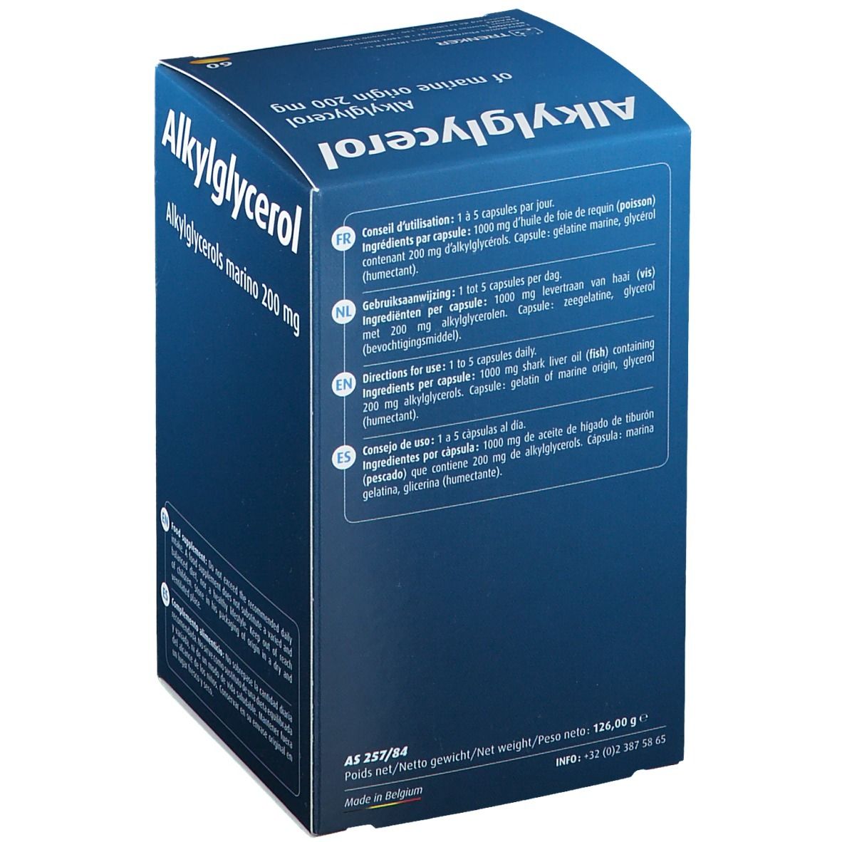 Boîte bleue "Alkylglycerol". Dos avec texte multilingue. Contient 60 gélules.