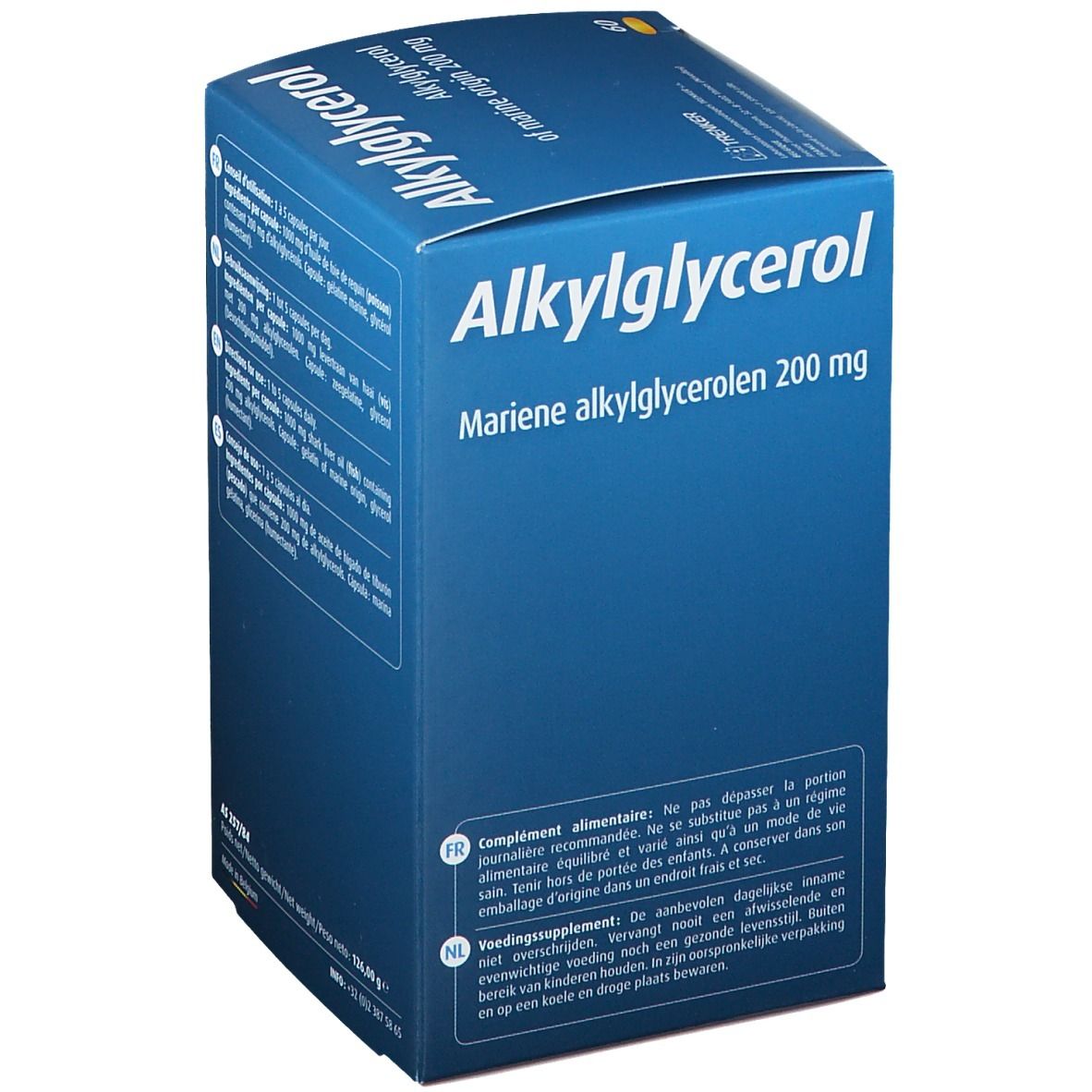 Boîte bleue "Alkylglycerol". Contient 60 gélules. Texte en français et néerlandais.