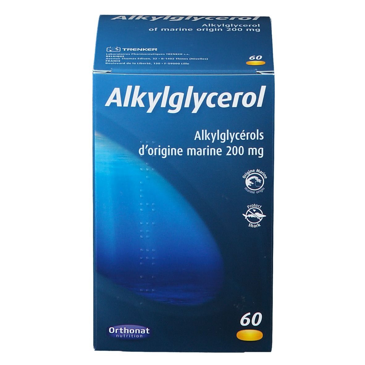 Boîte bleue "Alkylglycerol". Contient 60 gélules. Logo "Orthonat" en bas.
