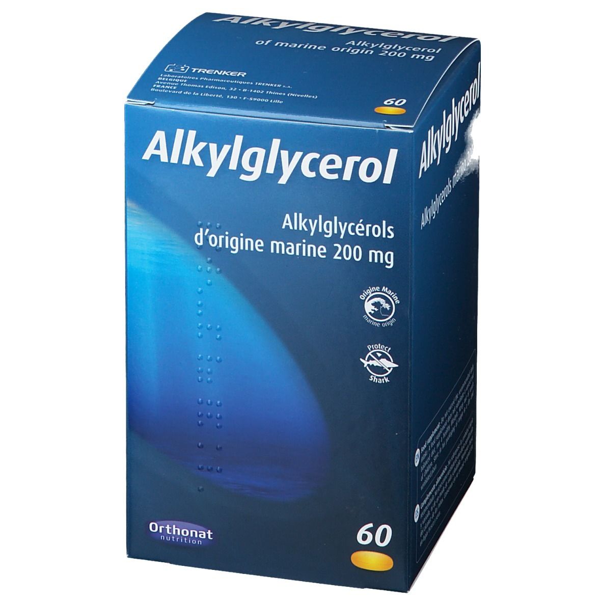 Boîte bleue "Alkylglycerol". Contient 60 gélules. Logo "Orthonat" en bas.