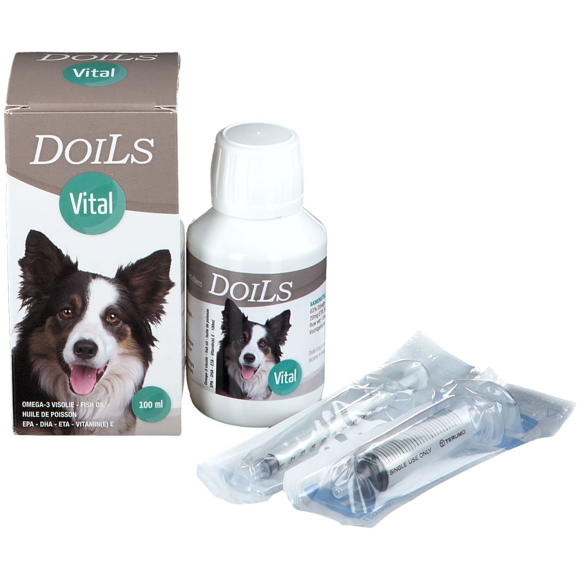 Emballage produit avec flacon, boîte et seringues. Sur le flacon et la boîte: Doils Vital, chien.