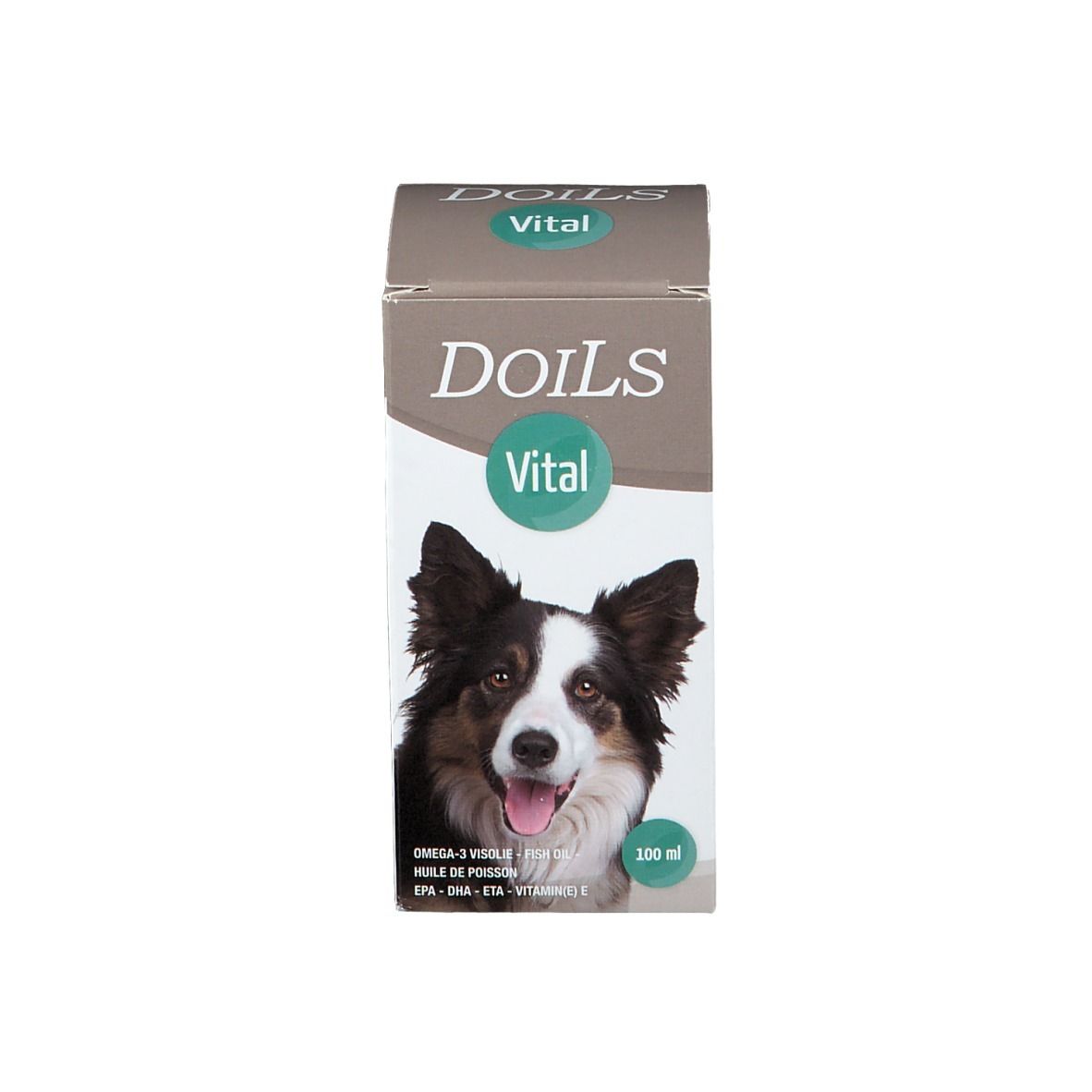 Boîte avec texte et chien. Sur la boîte: Doils Vital, 100 ml.