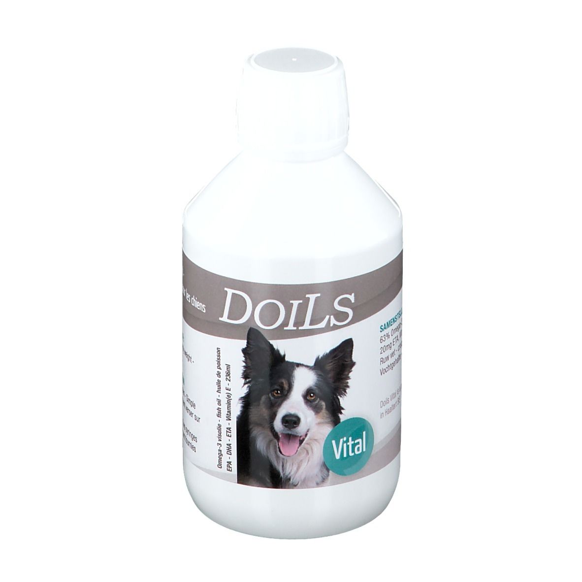 Bouteille blanche avec étiquette. Doils Vital, photo de chien. Contient Oméga-3, EPA, DHA, vitamine E.