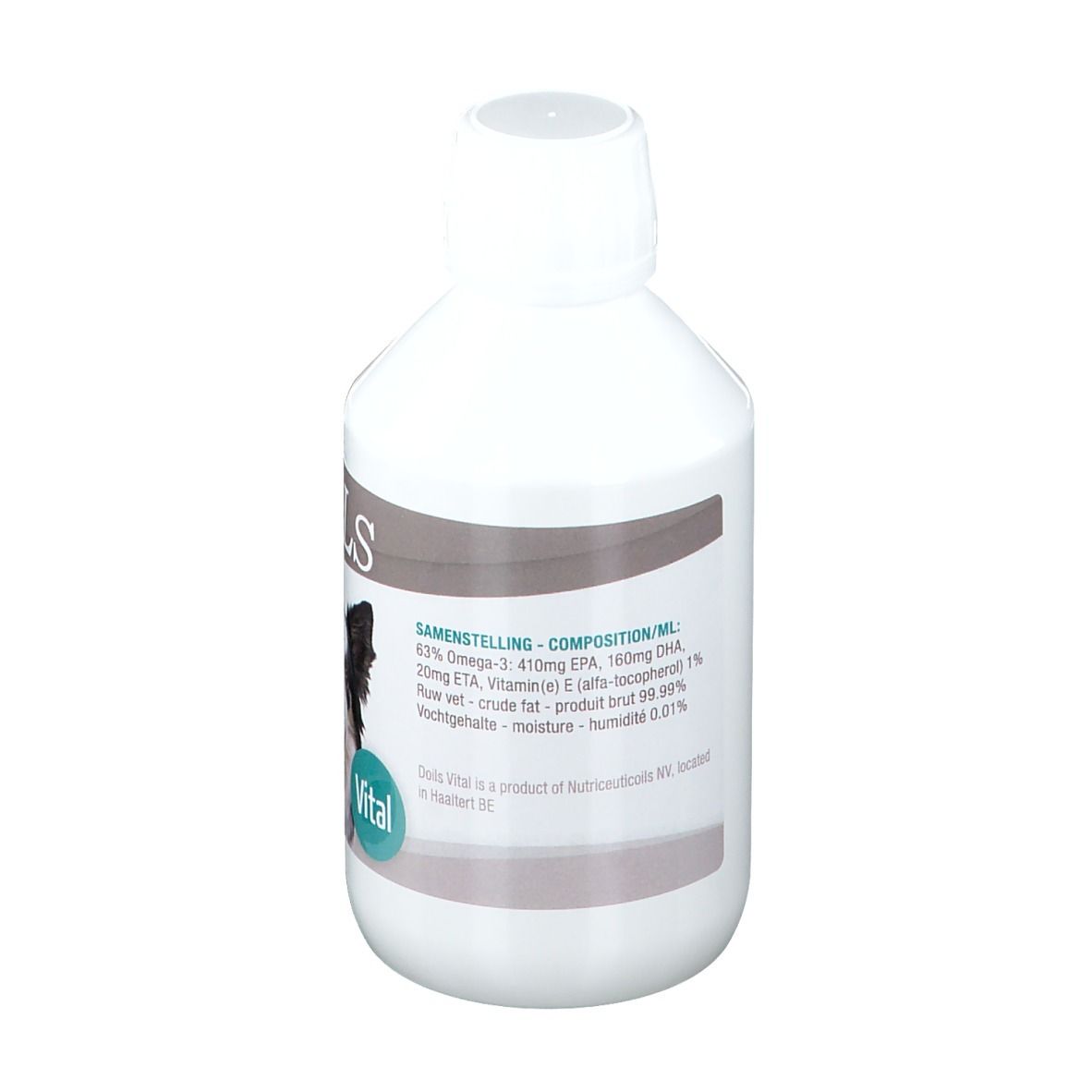 Bouteille blanche avec étiquette. Composition, Oméga-3, EPA, DHA, vitamine E. Vue arrière.
