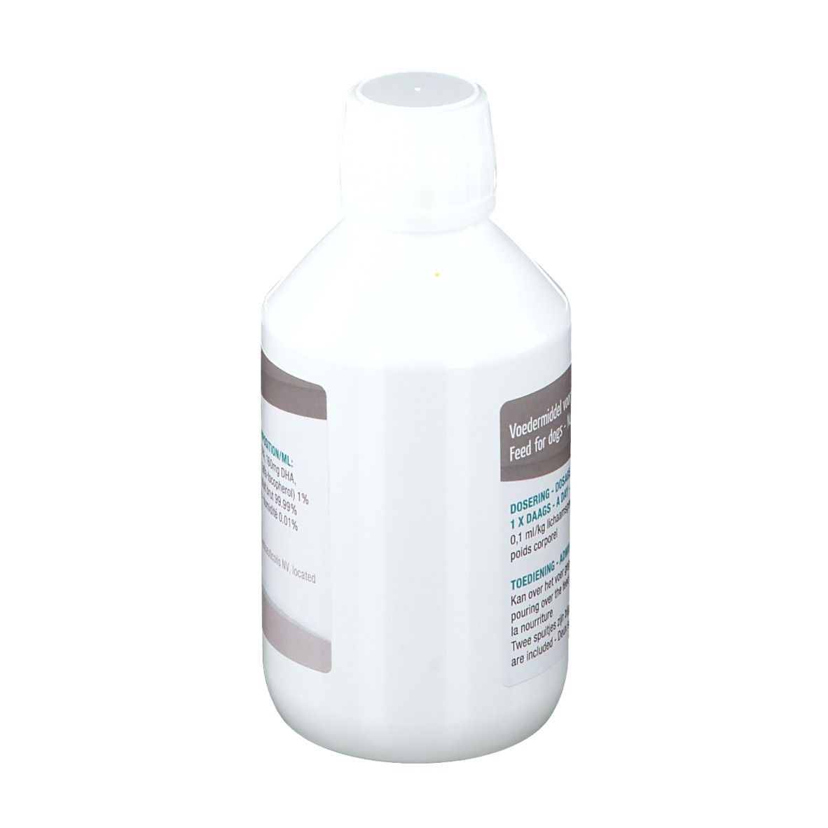 Bouteille blanche avec étiquette. Dosage, nourriture pour chiens. Vue latérale.