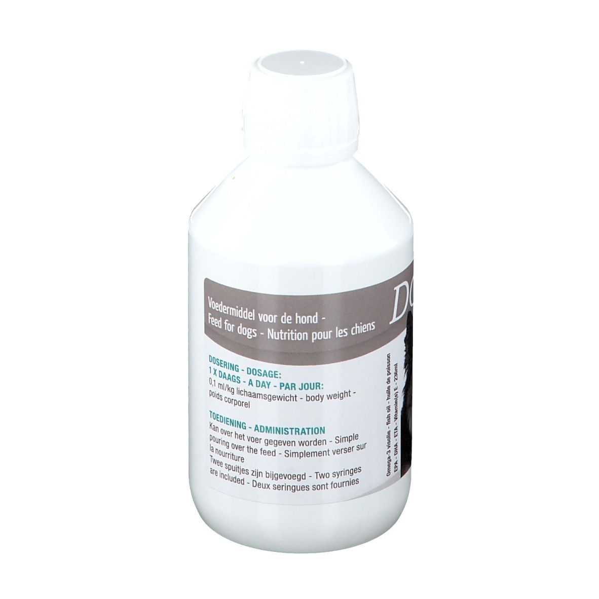 Bouteille blanche avec étiquette. Dosage, nourriture pour chiens. Deux seringues incluses.