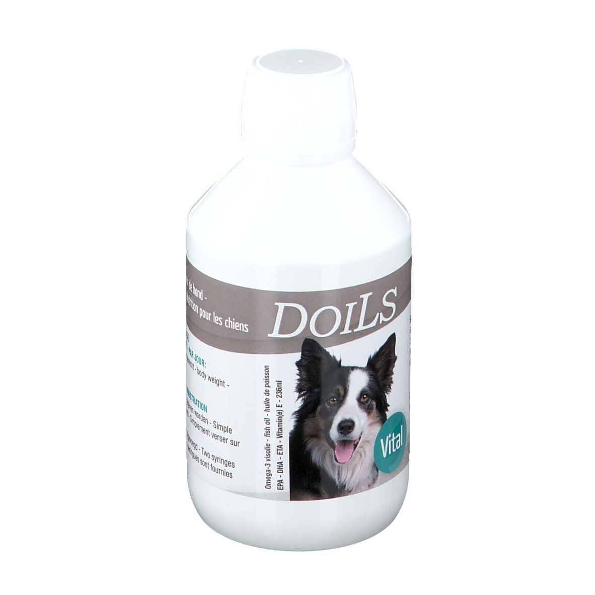 Bouteille blanche avec étiquette. Doils, Vital, photo de chien. Contient Oméga-3, EPA, DHA, vitamine E.