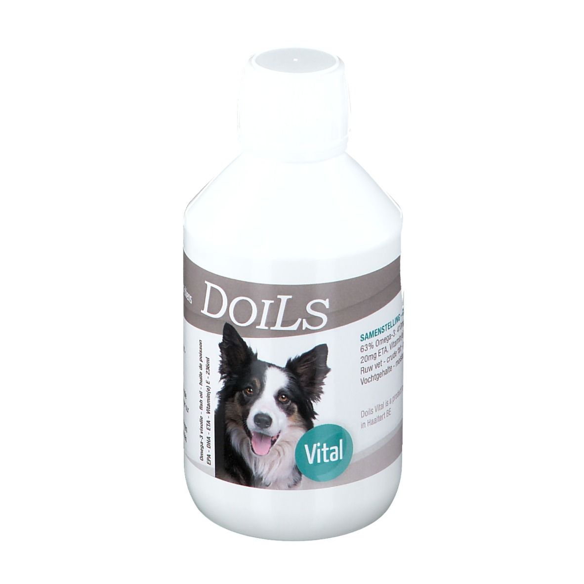 Bouteille blanche avec étiquette. Doils, Vital, photo de chien. Contient Oméga-3, EPA, DHA, vitamine E.