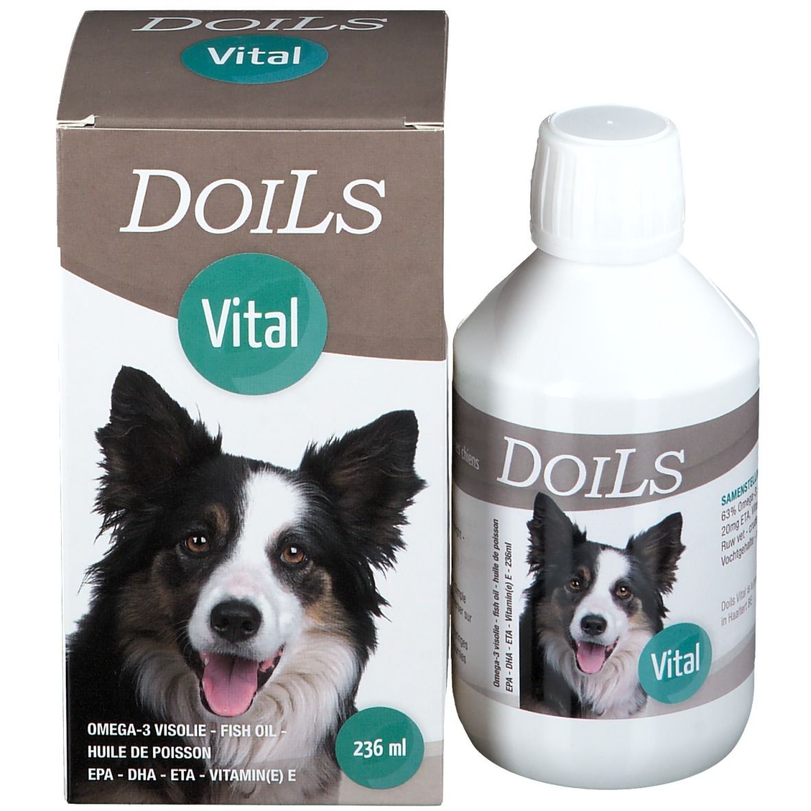 Emballage produit avec bouteille. Sur l'emballage: Doils Vital, photo de chien, 236 ml. Contient Oméga-3.