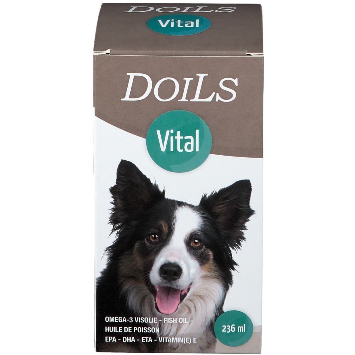 Emballage produit. Sur l'emballage: Doils Vital, photo de chien, 236 ml. Contient Oméga-3.