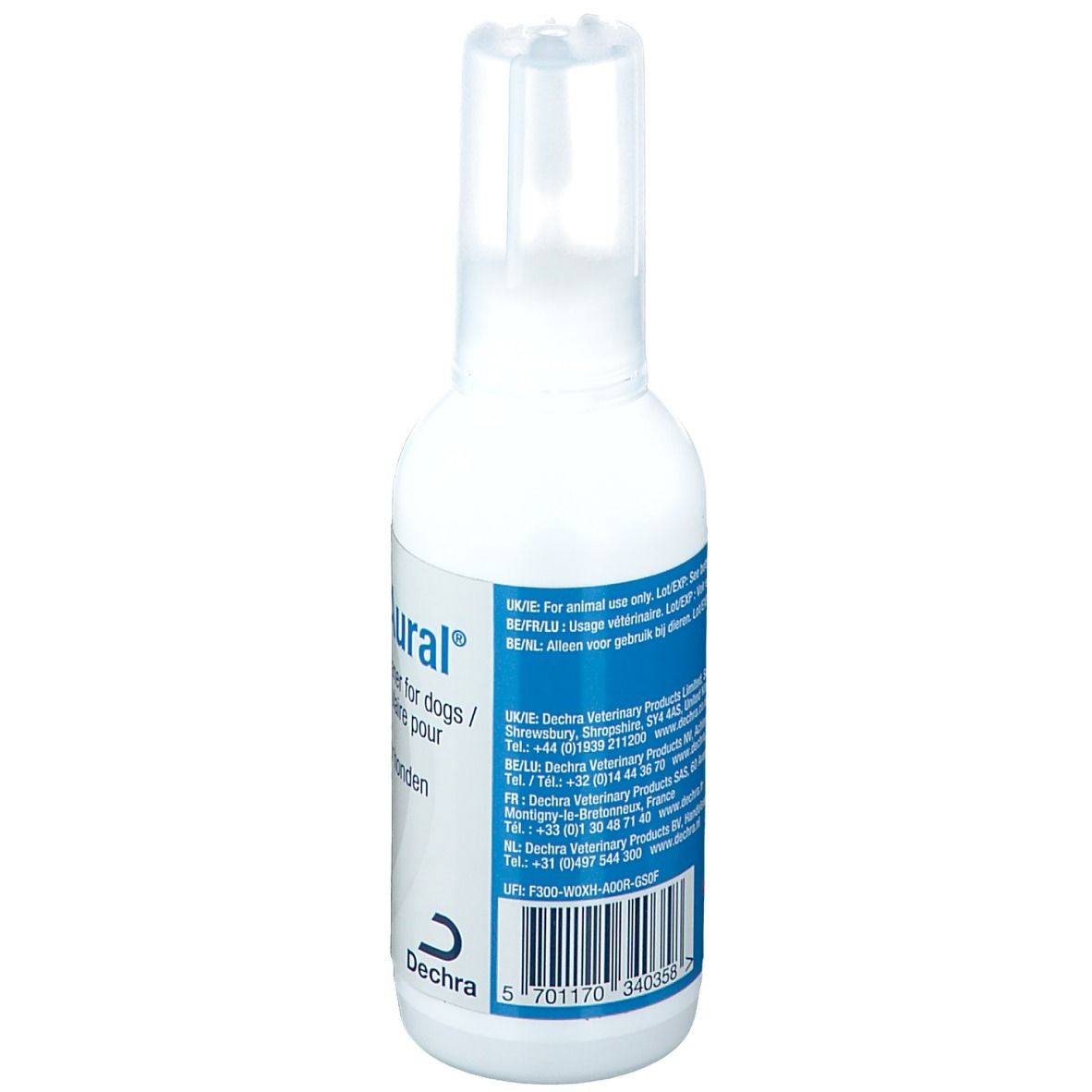Achterkant van de witte fles. Tekst: For animal use only. Dechra Veterinary Products. Barcode.