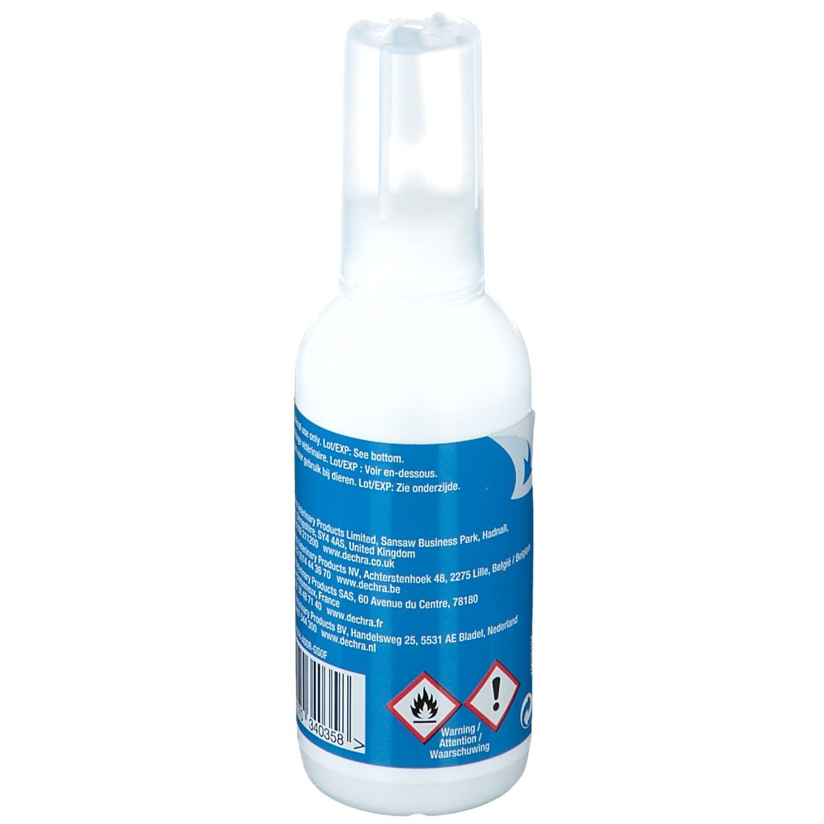 Achterkant van de witte fles. Tekst: For animal use only. Gevarensymbolen. Barcode.