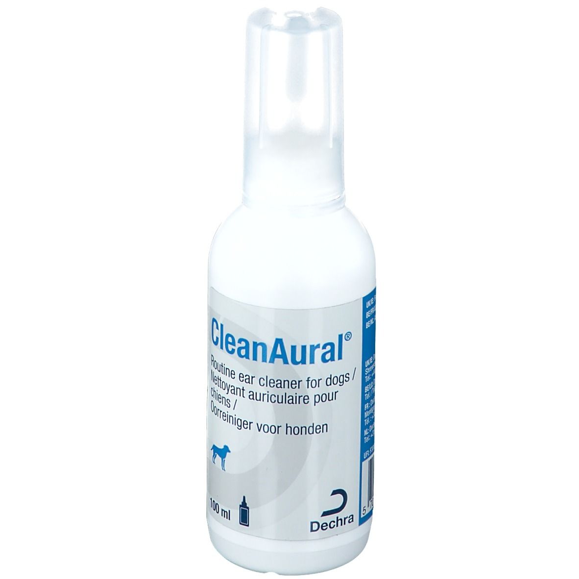 Witte fles met transparante dop. Opschrift: CleanAural, Routine ear cleaner for dogs. 100 ml.
