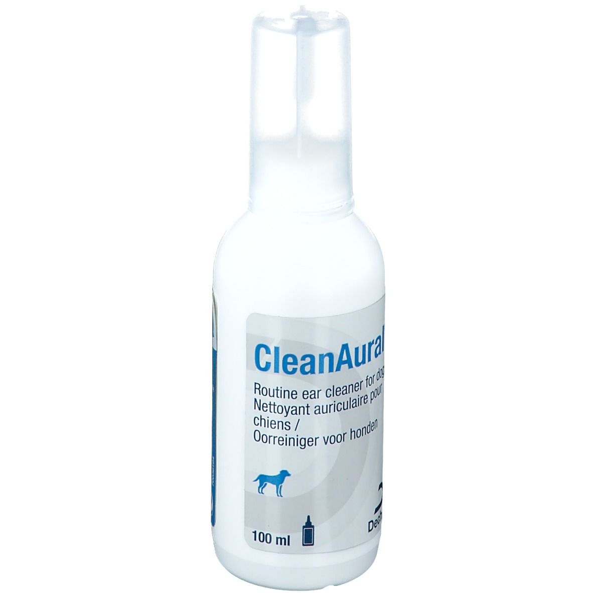 Witte fles met transparante dop. Opschrift: CleanAural, Routine ear cleaner for dogs. 100 ml.