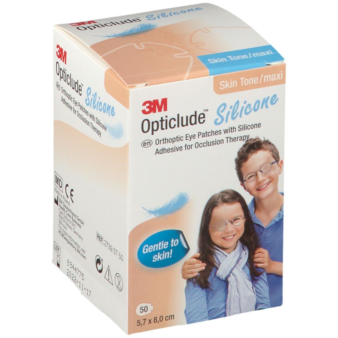 Verpackung von 3M Opticlude Silicone. Enthält 50 Pflaster, 5,7 x 8,0 cm. Aufdruck: Orthoptische Augenpflaster mit Silikonkleber.