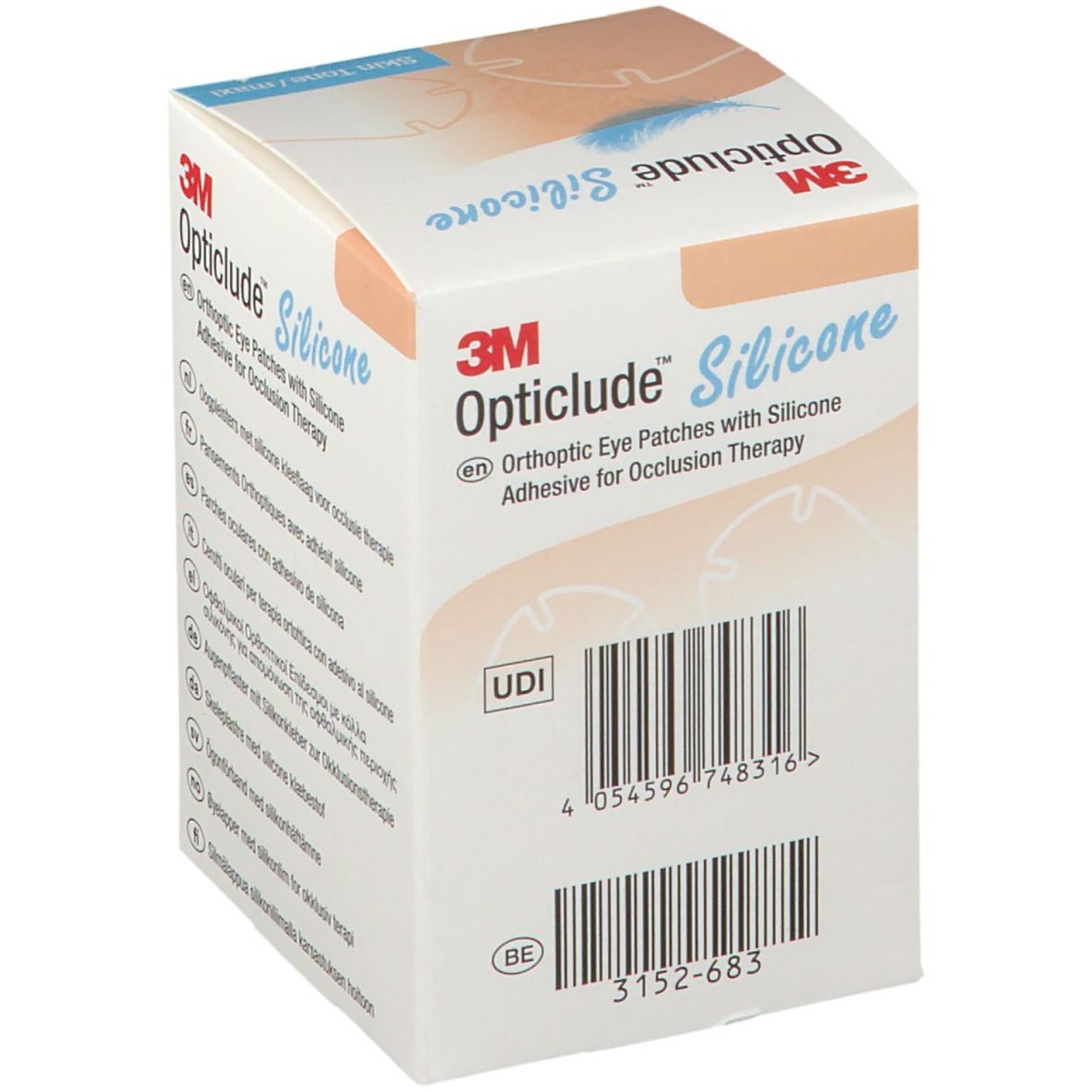 Verpackung von 3M Opticlude Silicone. Barcode und UDI-Code. Aufdruck: Orthoptische Augenpflaster mit Silikonkleber.
