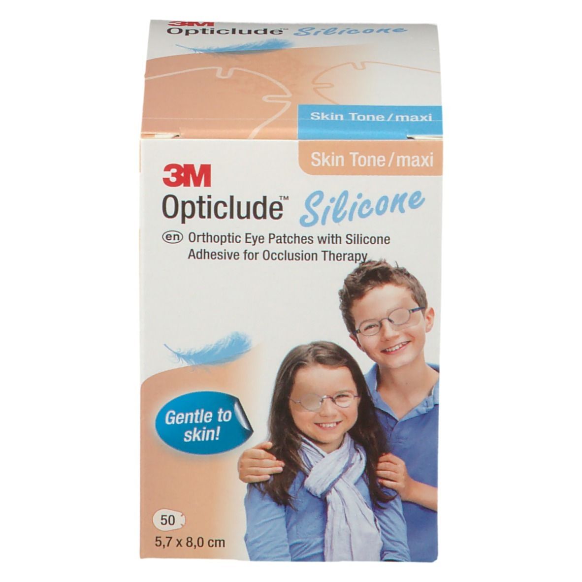 Verpackung von 3M Opticlude Silicone. Enthält 50 Pflaster, 5,7 x 8,0 cm. Abgebildet sind Kinder mit Augenpflastern.