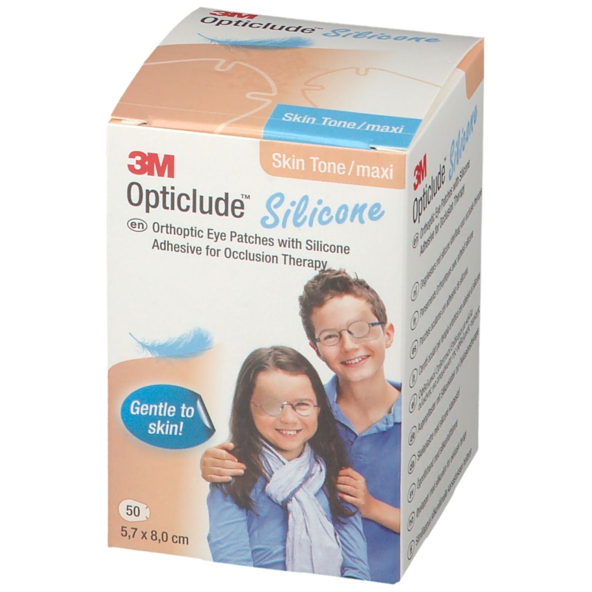 Verpackung von 3M Opticlude Silicone. Enthält 50 Pflaster, 5,7 x 8,0 cm. Abgebildet sind Kinder mit Augenpflastern.