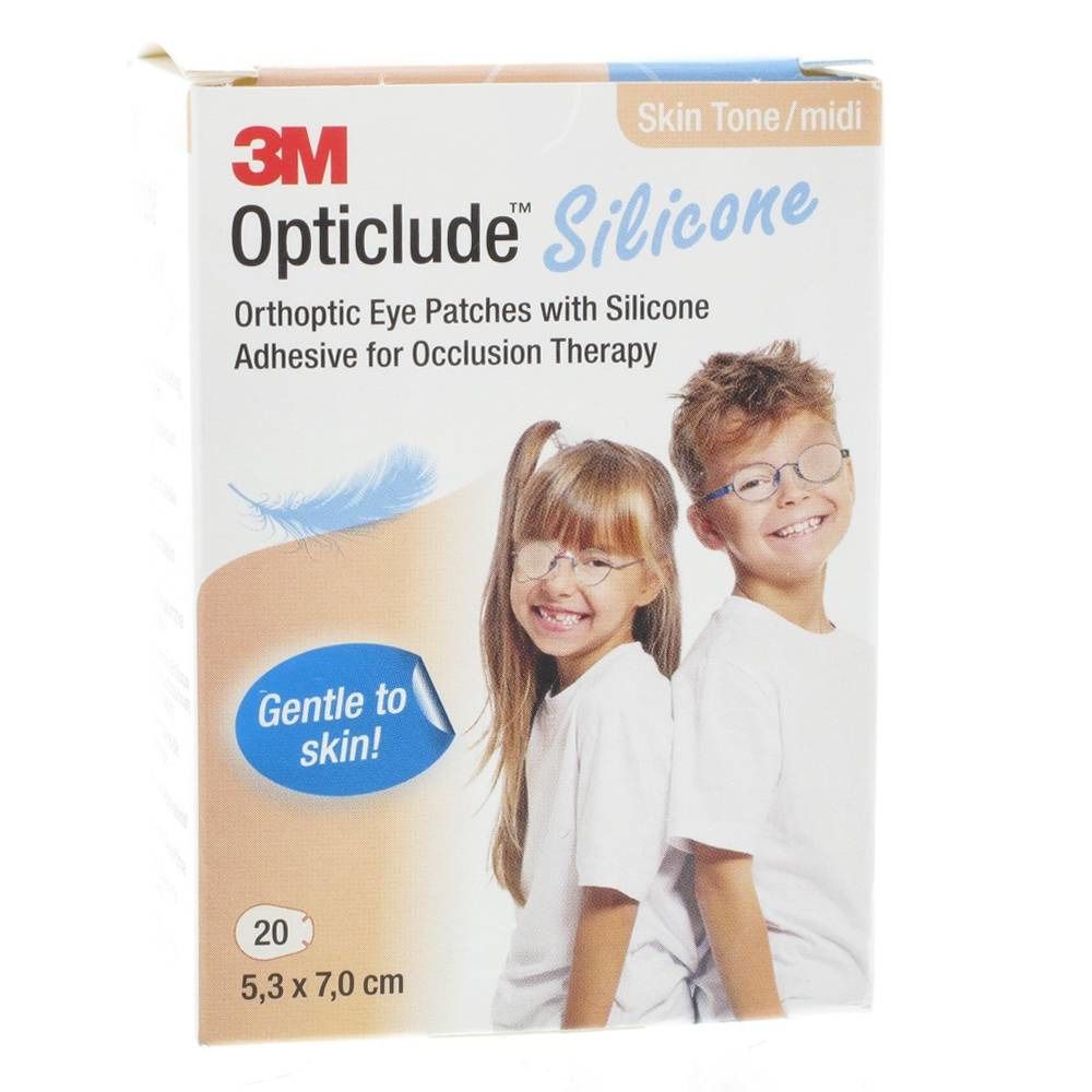 Verpakking van 3M Opticlude Silicone oogpleisters. Bevat 20 pleisters, afmeting 5,3 x 7,0 cm. Afbeelding van twee kinderen met een bril.