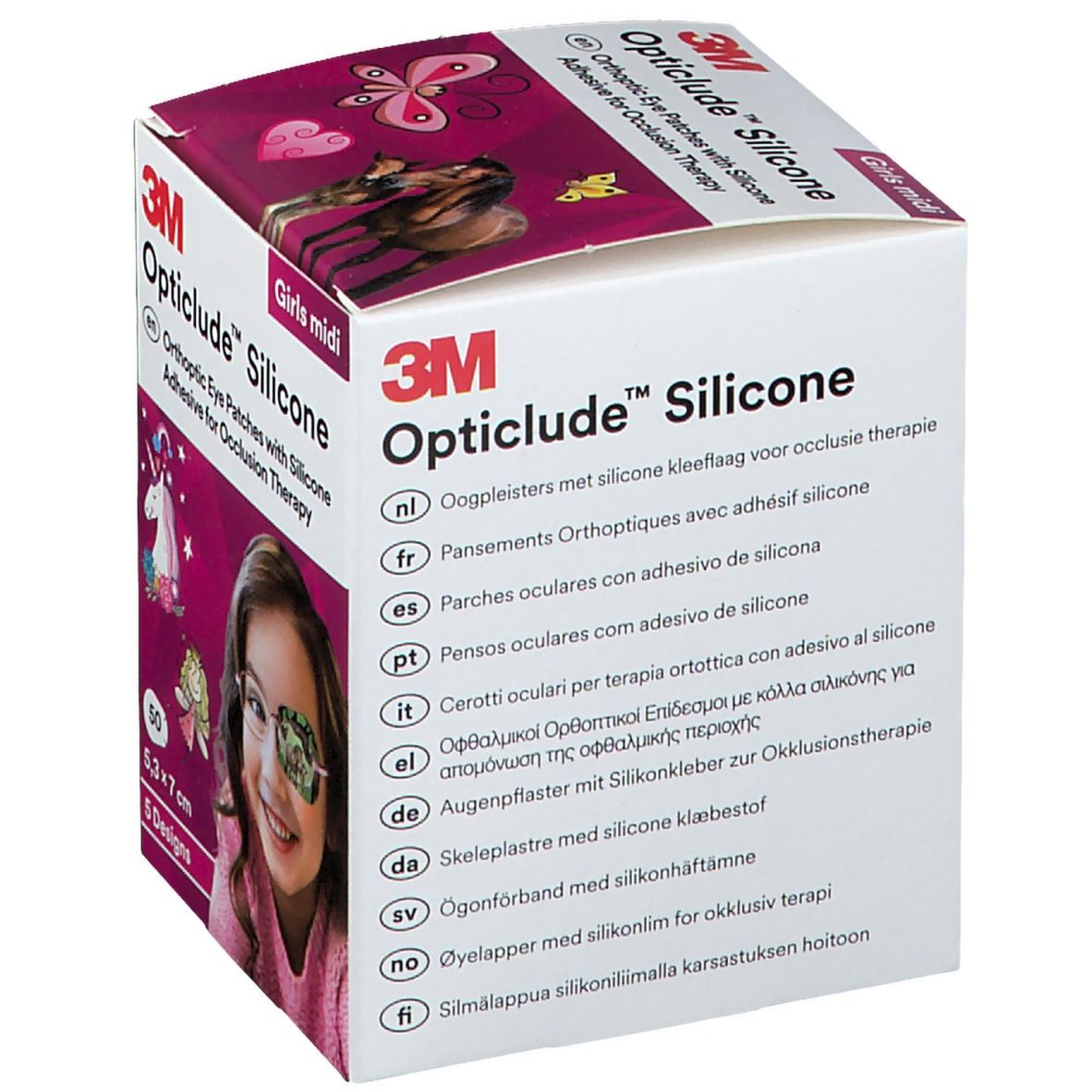 Boîte de patchs oculaires Opticlude Silicone. Textes multilingues. Designs pour filles, 5,3 x 7 cm. 50 patchs.