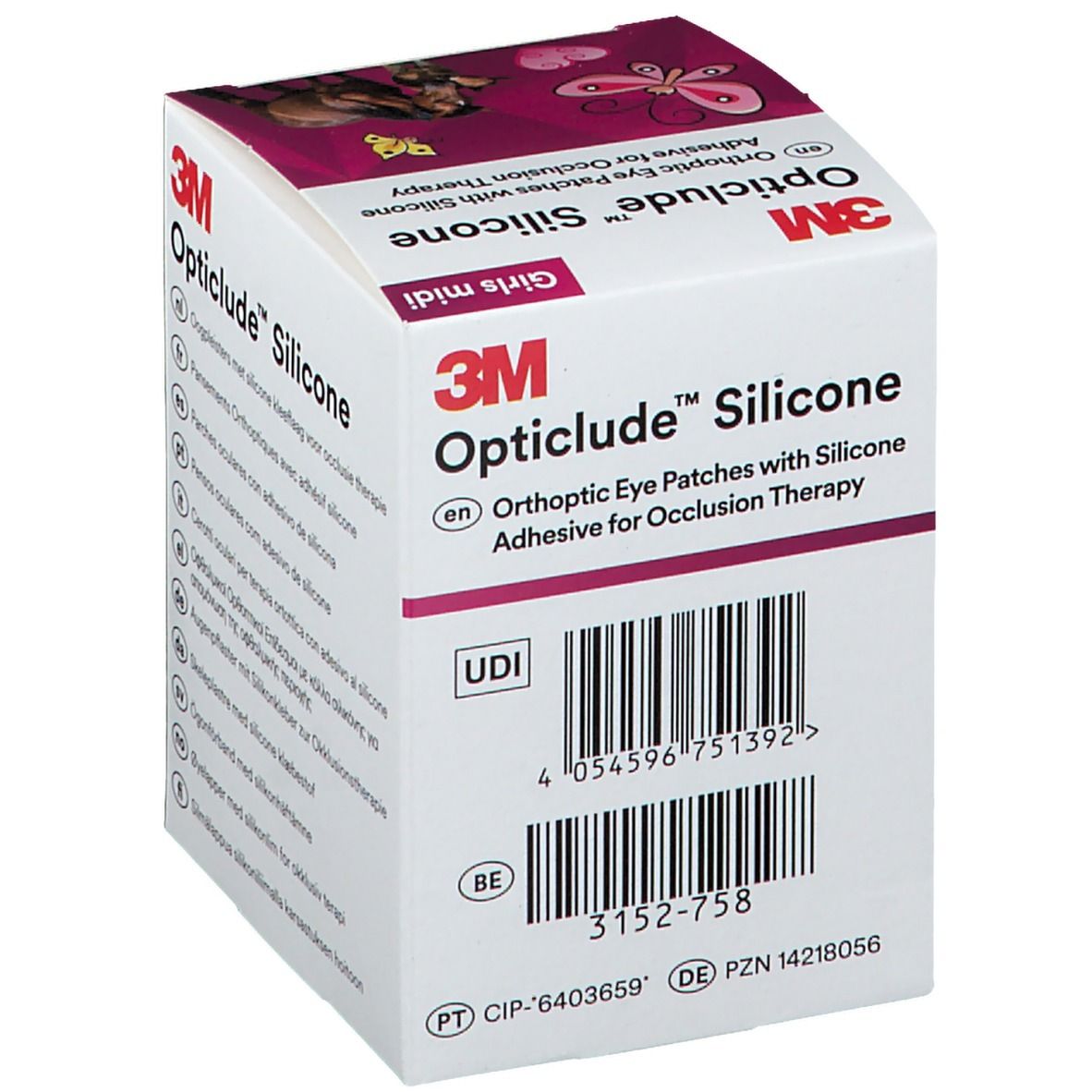 Boîte de patchs oculaires Opticlude Silicone. Code-barres et code UDI. Inscriptions : 3152-758, marquage CE.