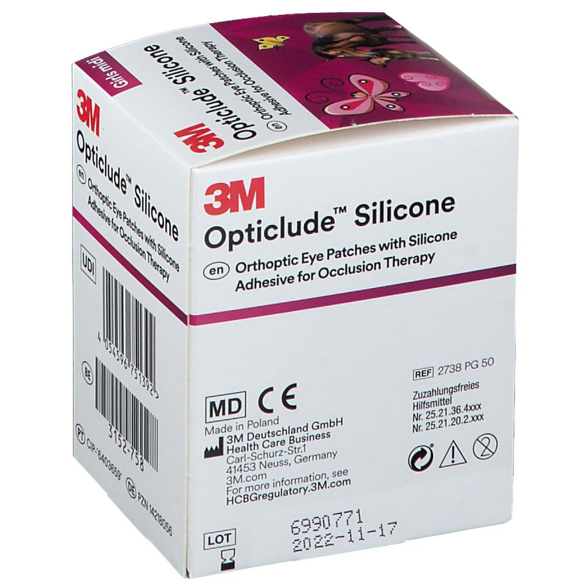 Boîte de patchs oculaires Opticlude Silicone. Marquage MD et CE. Numéro de lot et date de péremption.