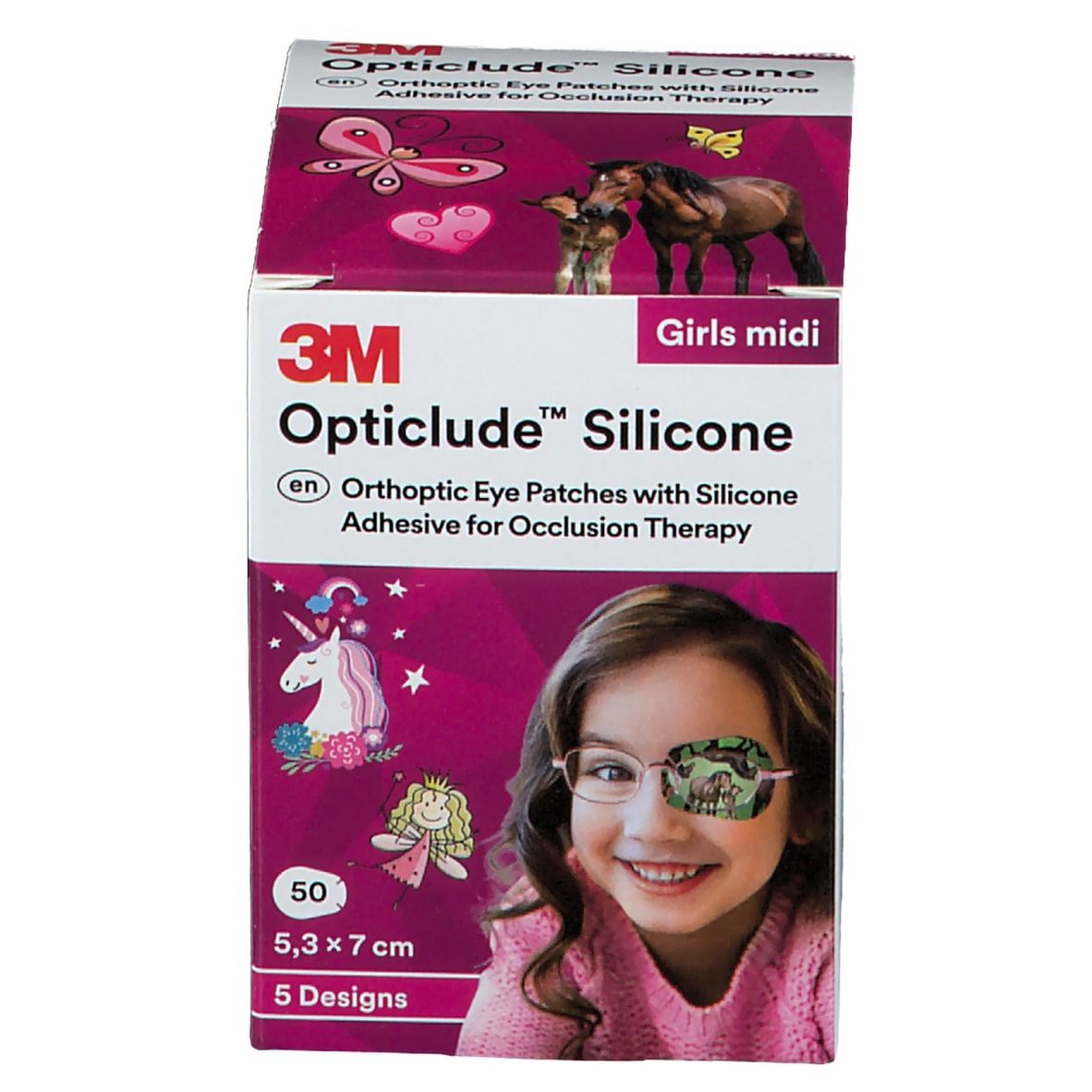 Boîte de patchs oculaires Opticlude Silicone. Designs pour filles, 5,3 x 7 cm. 50 patchs, 5 modèles. Fille avec patch.