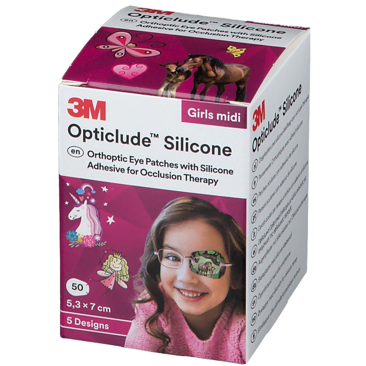 Boîte de patchs oculaires Opticlude Silicone. Designs pour filles, 5,3 x 7 cm. 50 patchs, 5 modèles. Fille avec patch.