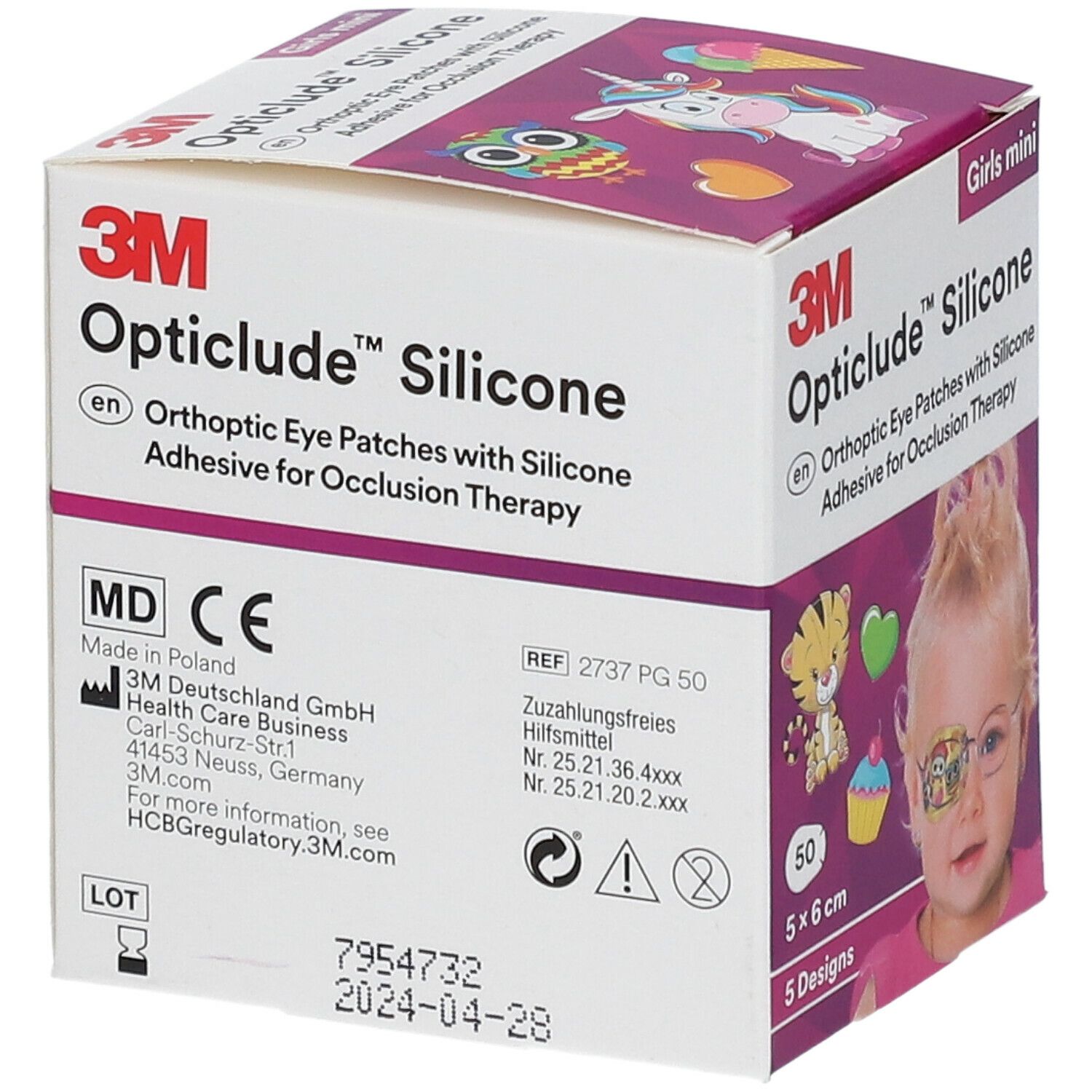 Boîte Opticlude Silicone. Inscription : 3M, Opticlude Silicone, MD, marquage CE, 50 patchs, 5 x 6 cm. Date de péremption.