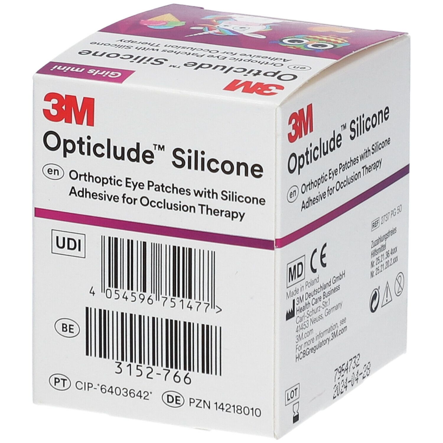 Boîte Opticlude Silicone. Inscription : 3M, Opticlude Silicone, code UDI, code-barres. Informations fabricant et numéro de lot.