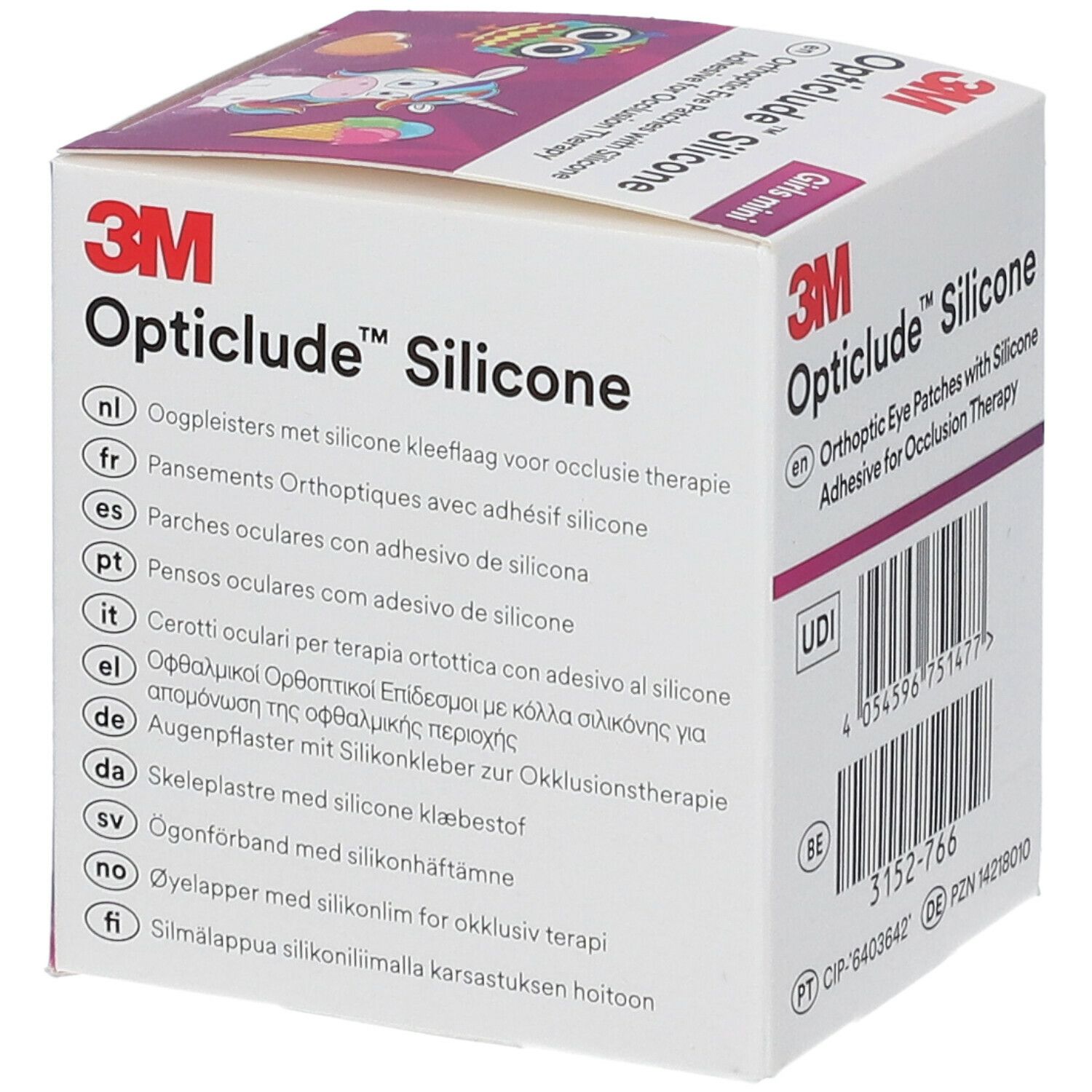 Boîte Opticlude Silicone. Inscription : 3M, Opticlude Silicone, textes en plusieurs langues. Code UDI.