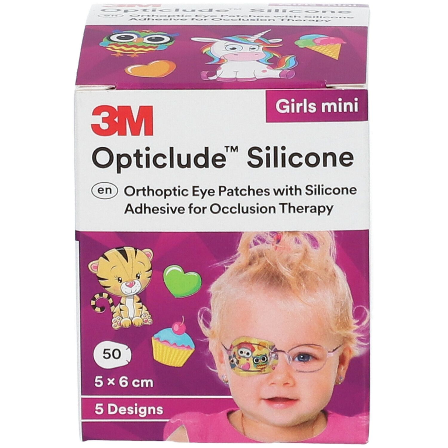 Boîte Opticlude Silicone. Inscription : 3M, Opticlude Silicone, 50 patchs, 5 x 6 cm, 5 modèles. Illustration de fille avec patch oculaire.