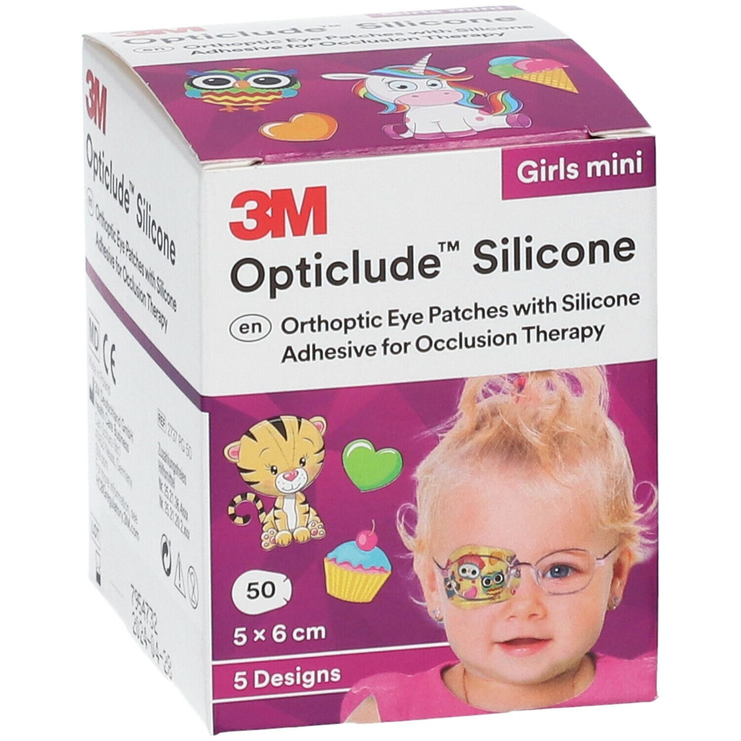 Boîte Opticlude Silicone. Inscription : 3M, Opticlude Silicone, 50 patchs, 5 x 6 cm, 5 modèles. Illustration de fille.