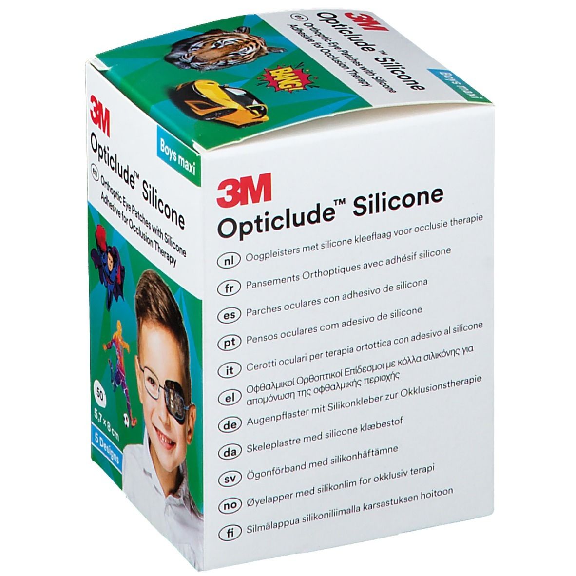 Boîte de 3M Opticlude Silicone. Sélection de texte multilingue. Un garçon avec un patch oculaire est représenté sur l'emballage.
