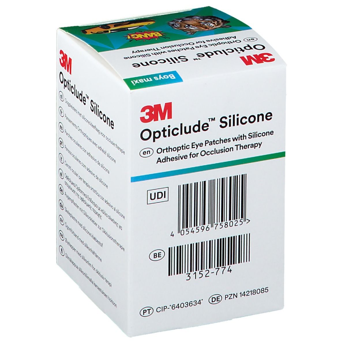 Boîte de 3M Opticlude Silicone. Code-barres et informations sur le produit. Un garçon avec un patch oculaire est représenté sur l'emballage.
