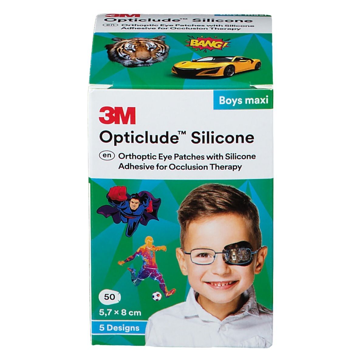 Boîte de 3M Opticlude Silicone. Contient 50 patchs, 5,7 x 8 cm, 5 motifs. Un garçon avec un patch oculaire est représenté sur l'emballage.