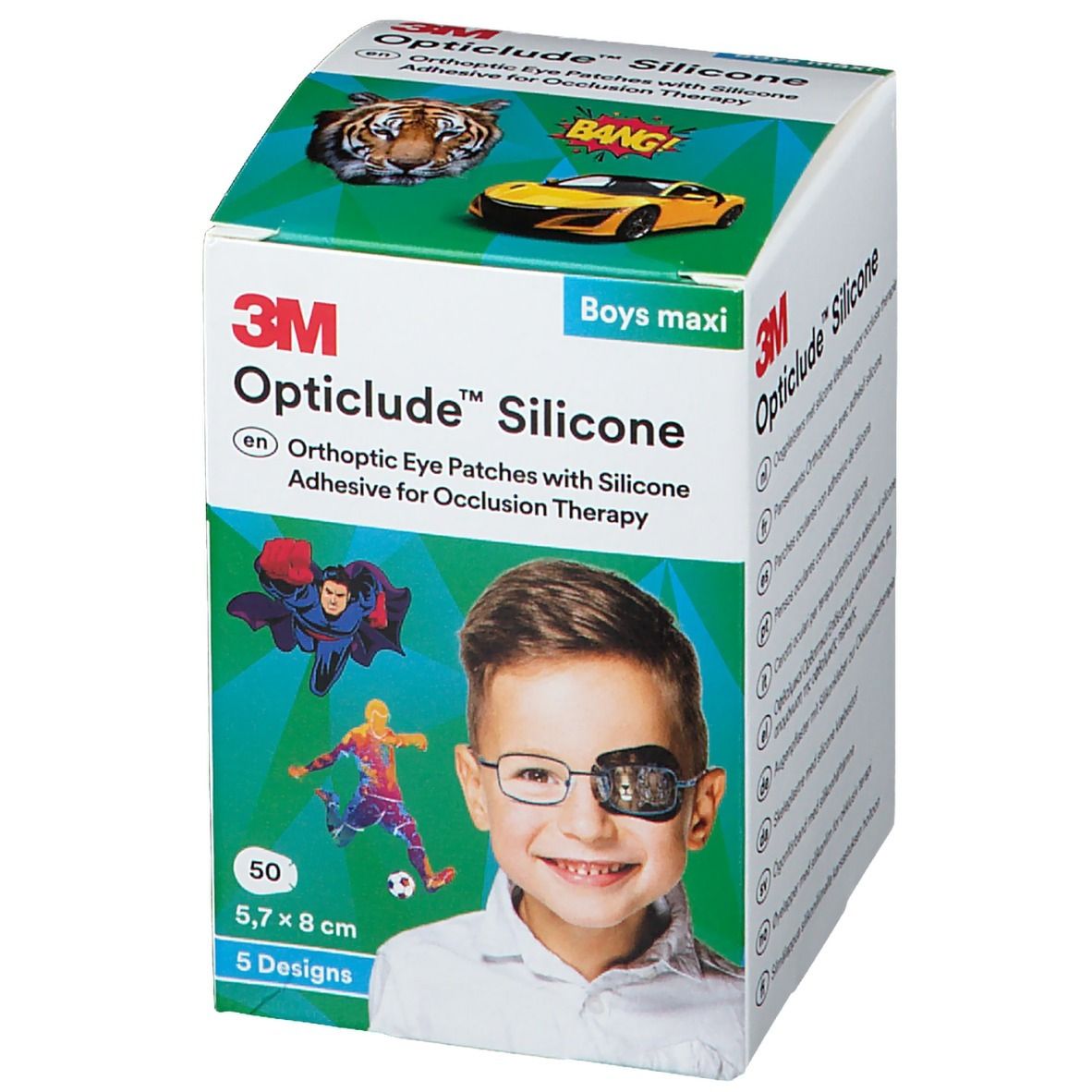 Boîte de 3M Opticlude Silicone. Contient 50 patchs, 5,7 x 8 cm, 5 motifs. Un garçon avec un patch oculaire est représenté sur l'emballage.