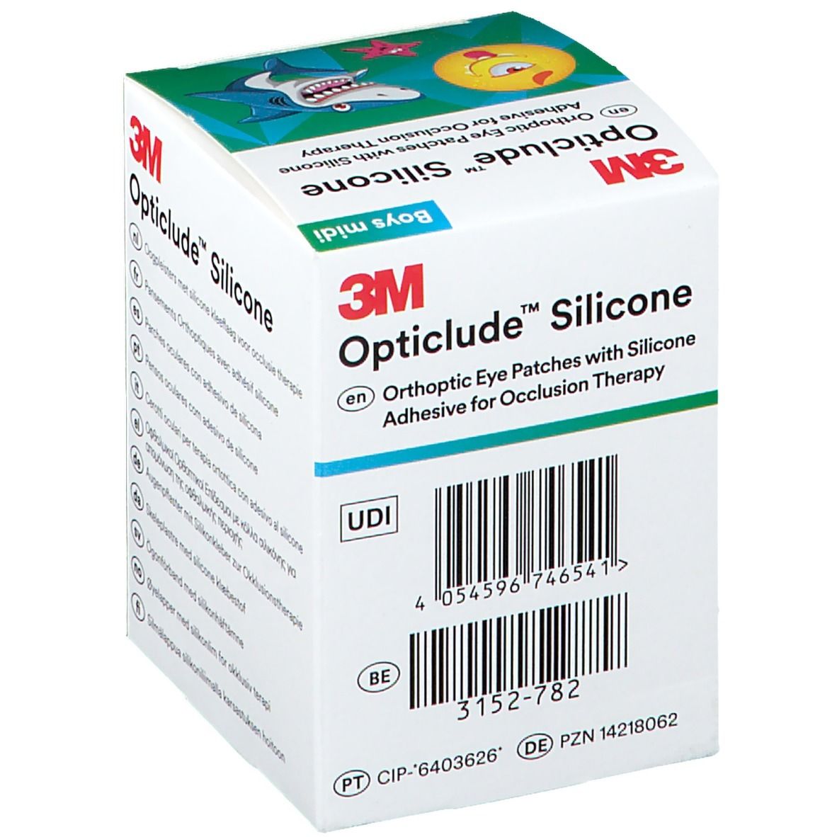 Boîte de Opticlude Silicone. Code-barres et code UDI. Inscription : 3152-782. Marquage CE.