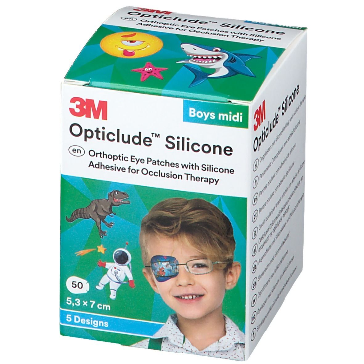 Boîte de Opticlude Silicone. Enfant avec patch oculaire. Inscription : 50 patchs, 5,3 x 7 cm, 5 motifs. Marquage CE.