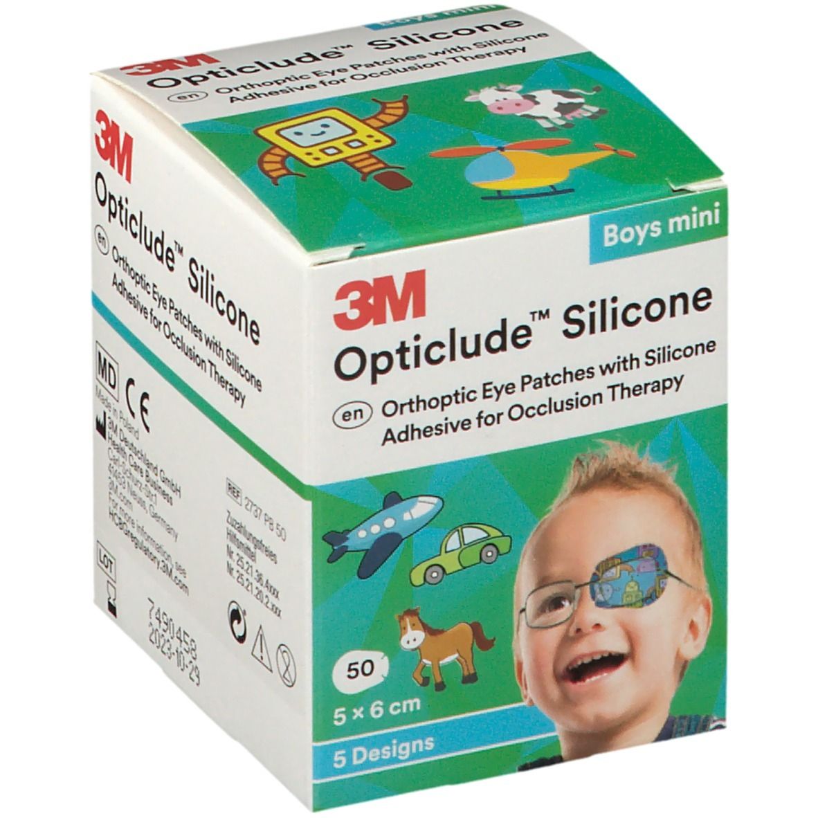 Doosje 3M Opticlude Silicone. Bevat 50 pleisters, 5 x 6 cm, 5 designs. Opschrift: Boys mini. Kind met oogpleister.
