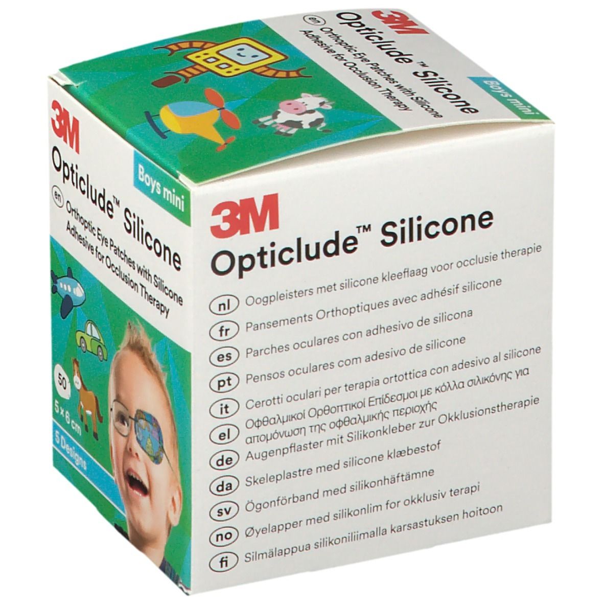 Doosje 3M Opticlude Silicone. Bevat 50 pleisters, 5 x 6 cm, 5 designs. Opschrift: Boys mini. Kind met oogpleister.