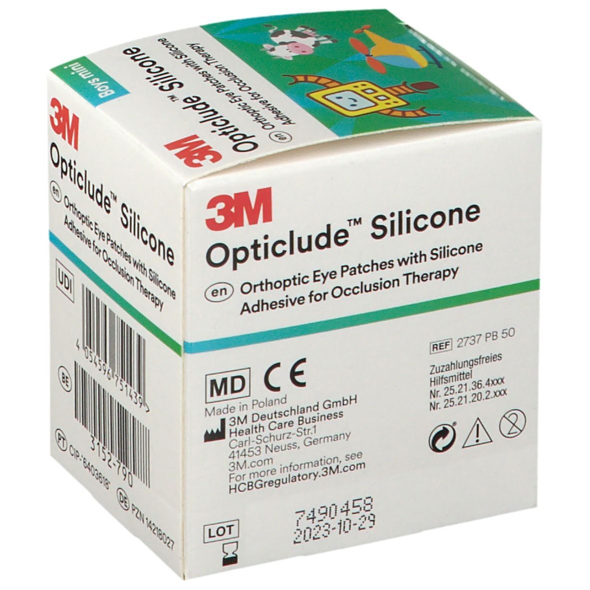 Doosje 3M Opticlude Silicone. Medisch hulpmiddel. Opschrift: Boys mini. Fabrikantinfo en lotnummer.