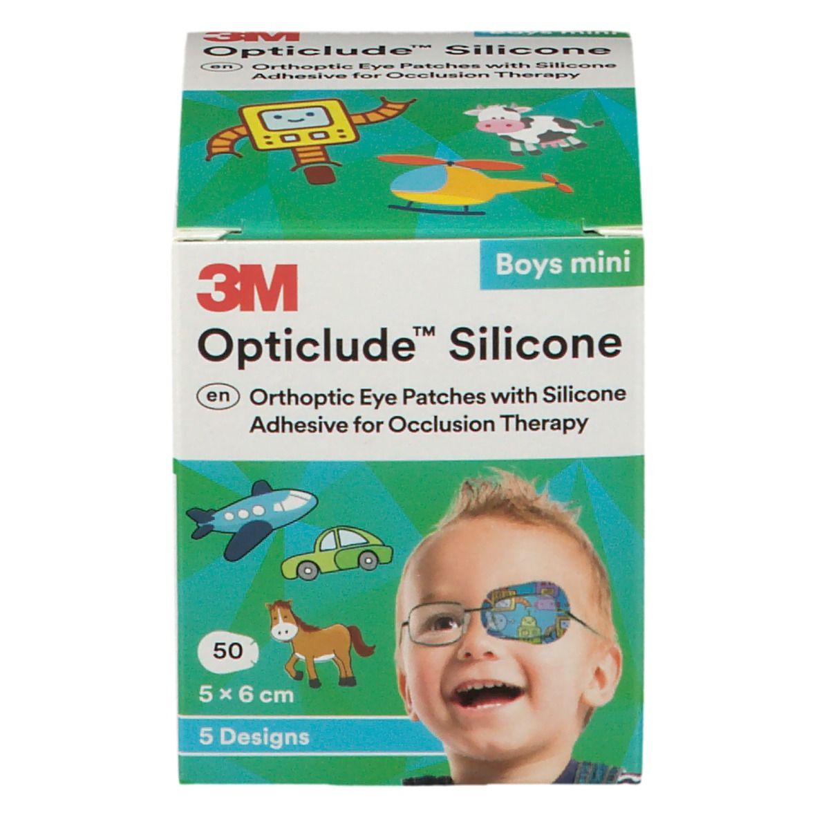 Doosje 3M Opticlude Silicone. Bevat 50 pleisters, 5 x 6 cm, 5 designs. Opschrift: Boys mini. Kind met oogpleister.