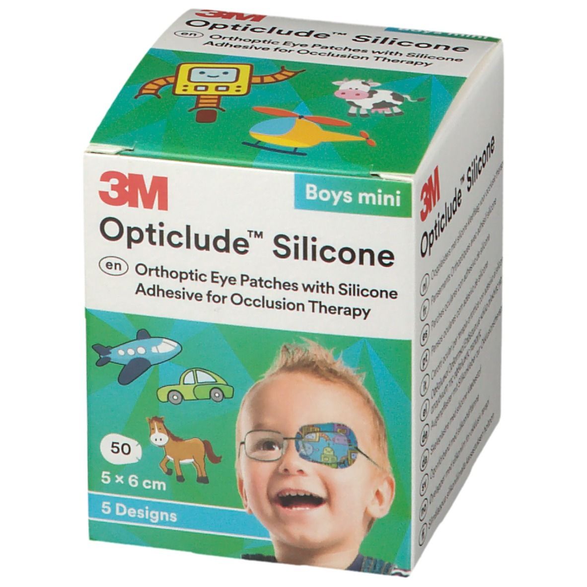 Doosje 3M Opticlude Silicone. Opschrift: Boys mini. Bevat 50 pleisters, 5 x 6 cm, 5 designs. Kind met oogpleister.