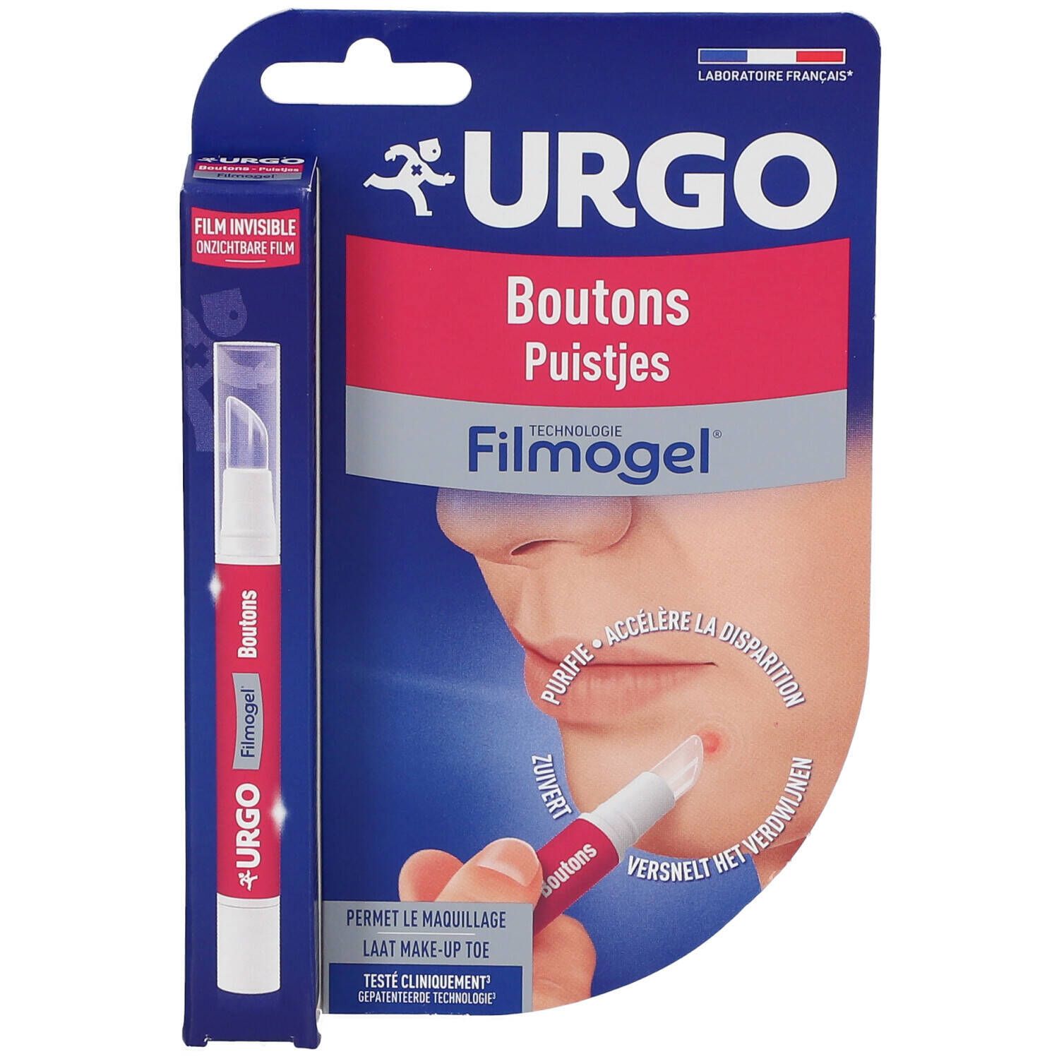 Emballage Urgo Boutons Filmogel Stylo et produit. Stylo applicateur, emballage bleu avec illustration du produit.