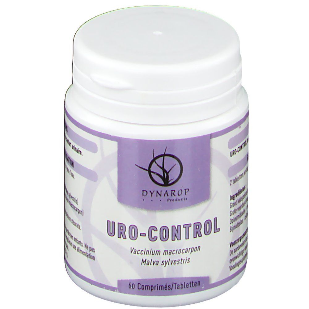 Witte tablettenfles met paars etiket. Opschrift: DYNAROP URO-CONTROL. Bevat 60 tabletten. Met schroefdop.