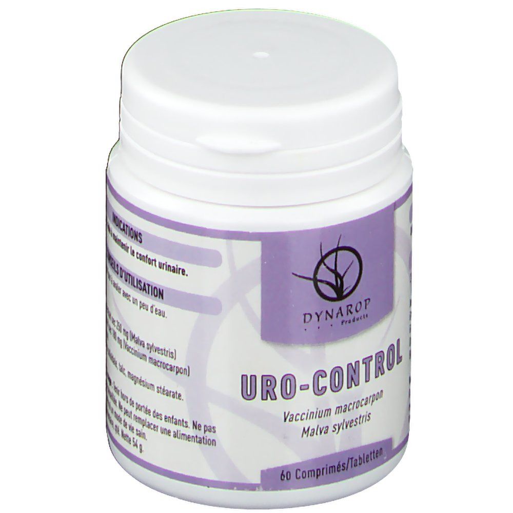 Witte tablettenfles, schuin. Paars etiket met tekst. Opschrift: DYNAROP URO-CONTROL. Bevat 60 tabletten.