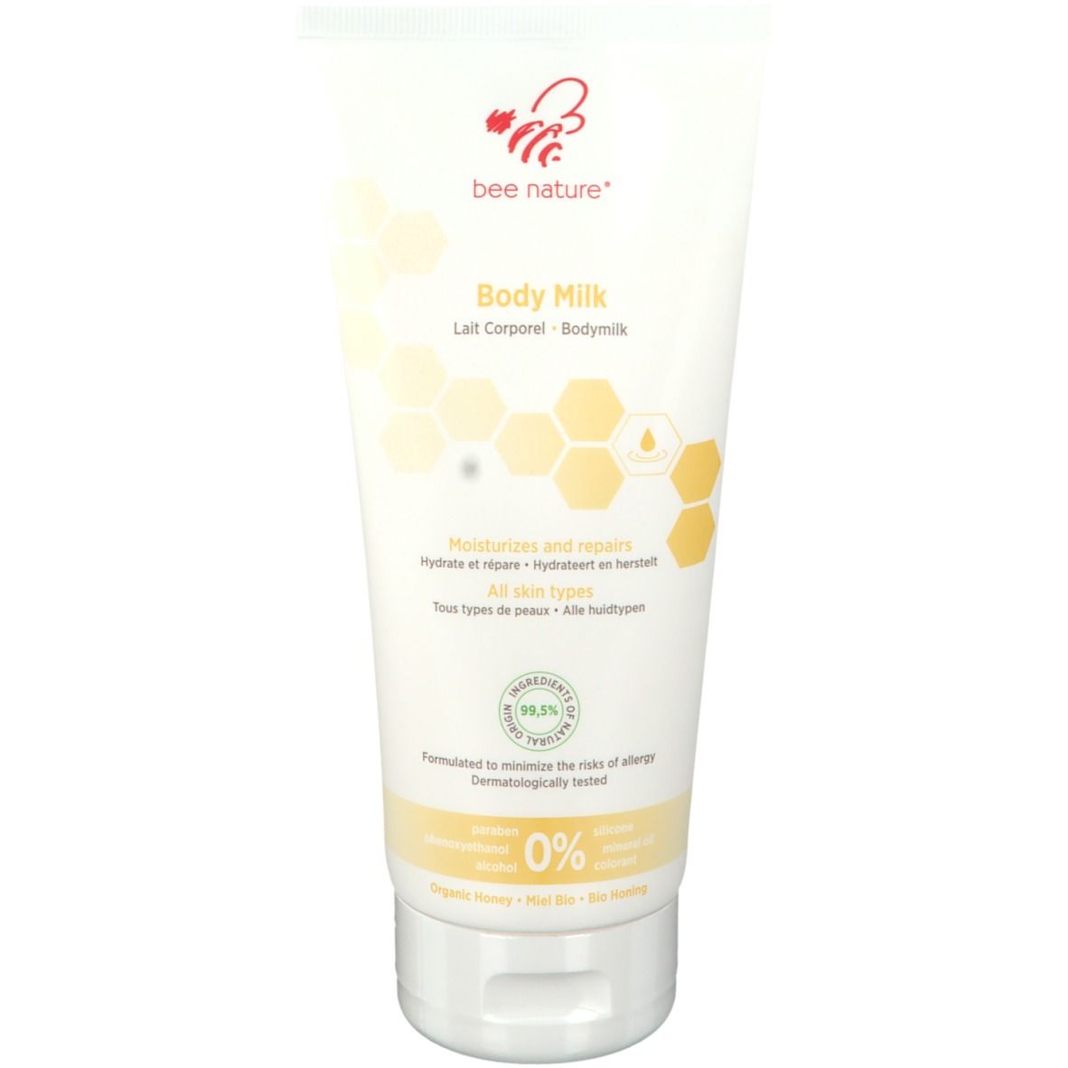Tube blanc avec logo "bee nature" et nom du produit "Body Milk". Graphique en nid d'abeilles jaune. "All skin types".