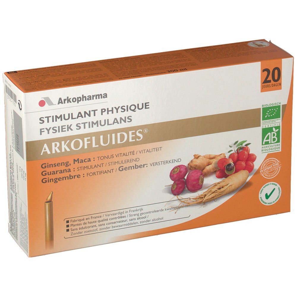 Doos met productnaam en ingrediënten. Bio-keurmerk en 20 dosissen. Ginseng, Maca, Guarana en Gember afgebeeld.