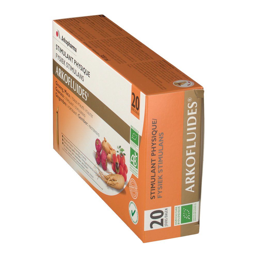 Schuin geplaatste productverpakking. Opdruk: productnaam, 20 doses, bio-keurmerk. Ginseng, Maca, Guarana en Gember afgebeeld.